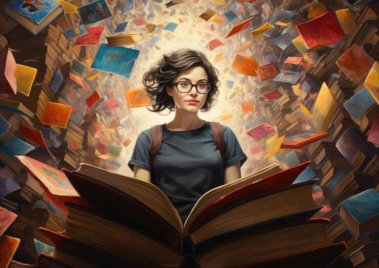 Image hyperrealiste bibliothecaire entoure livres flottants chacun meticuleusement detaille 891336 48219